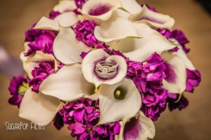 wedding ring, wedding bouquet, purple flowers, white flowers