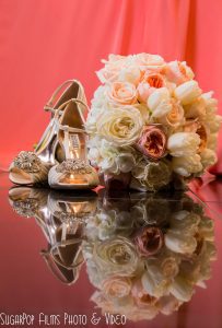 bride shoes and bouquet pink orange