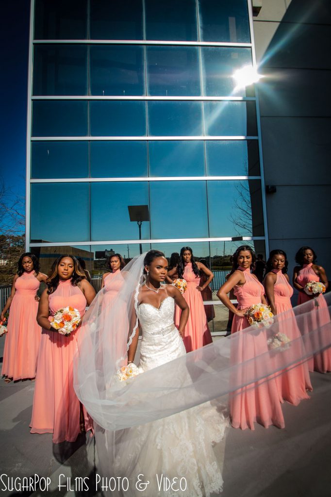 bridal party pink salmon veil glass