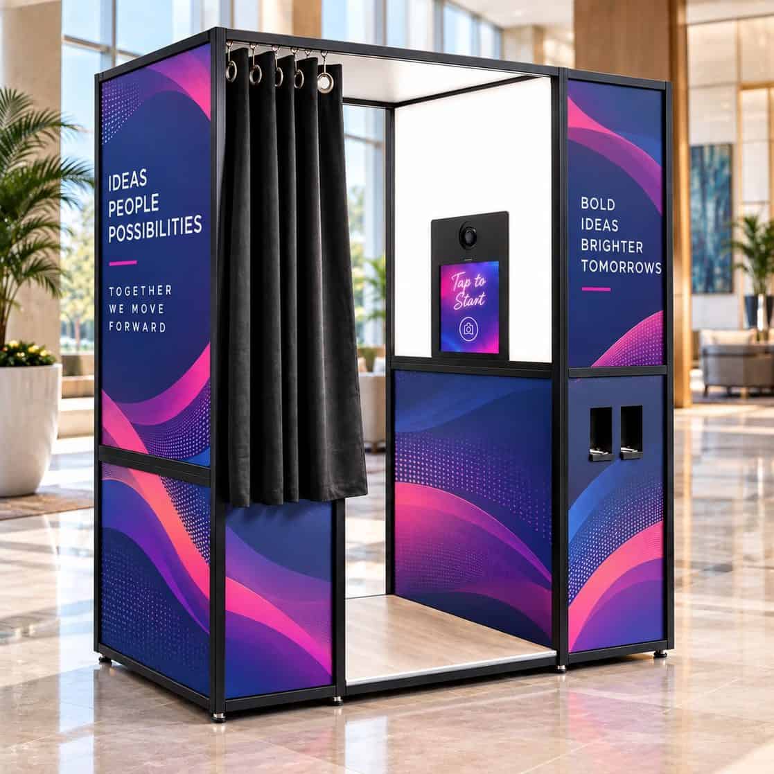 Enclosed photo booth wrapped in custom purple and blue branded panels