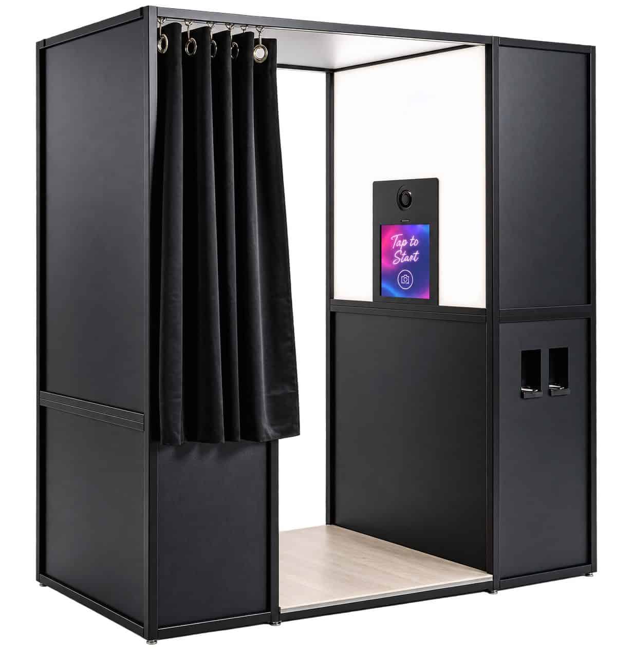 SugarPop enclosed photo booth in black with the curtain drawn back