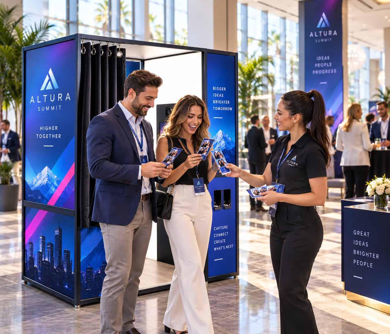 Brand ambassador handing photo strips to guests at a branded enclosed photo booth at a trade show