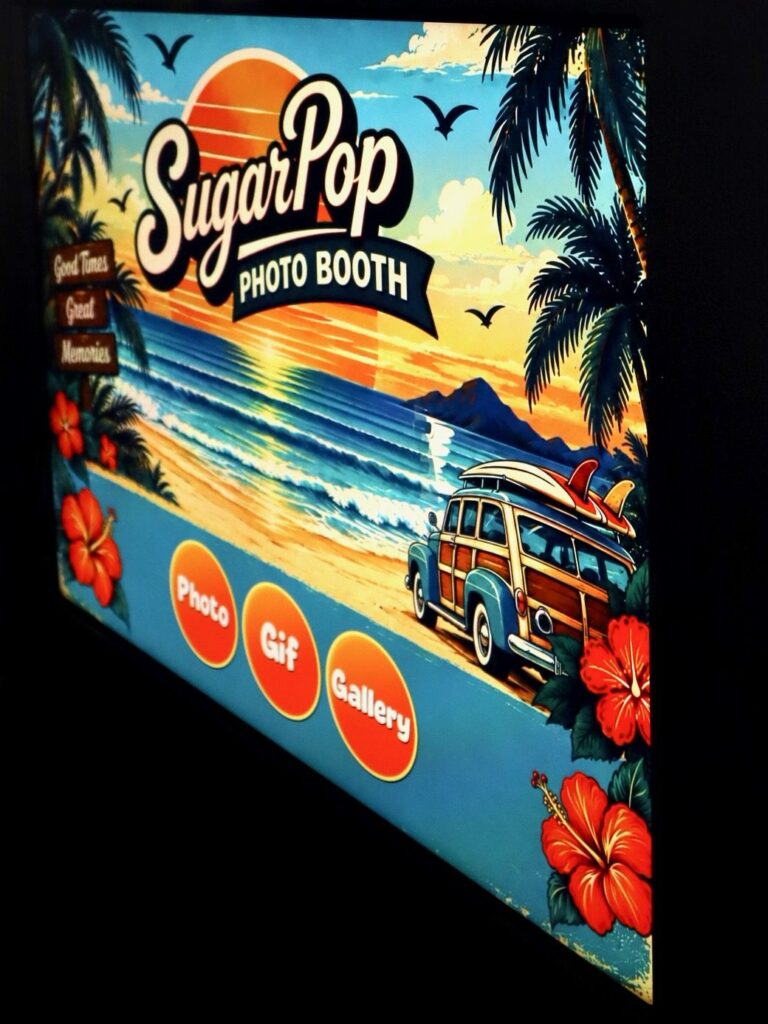 SugarPop photo booth welcome screen with a sunset beach and woody wagon design