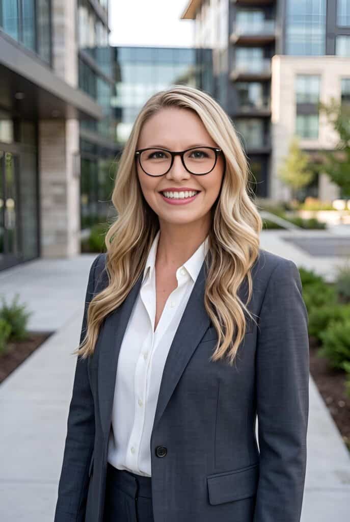 AI headshot of a woman with glasses in a grey blazer against modern city buildings