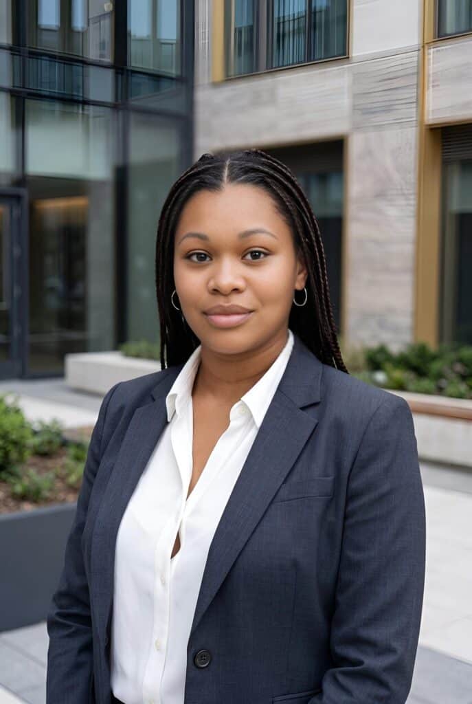 AI headshot of a woman in a charcoal blazer against modern city buildings