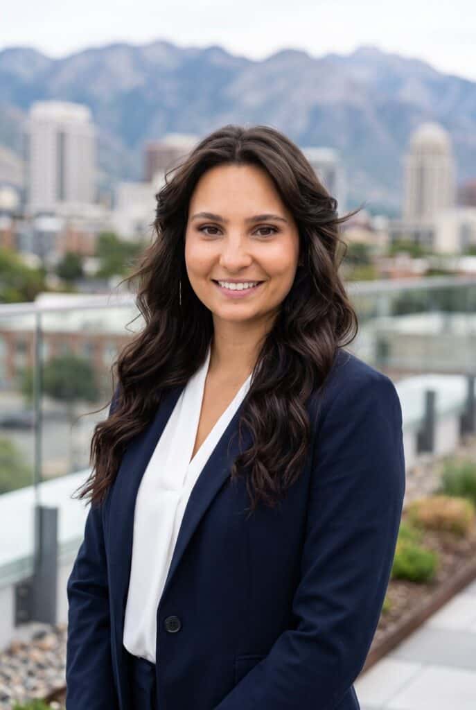 AI headshot of a woman in a navy blazer on a rooftop with the Salt Lake City skyline behind her