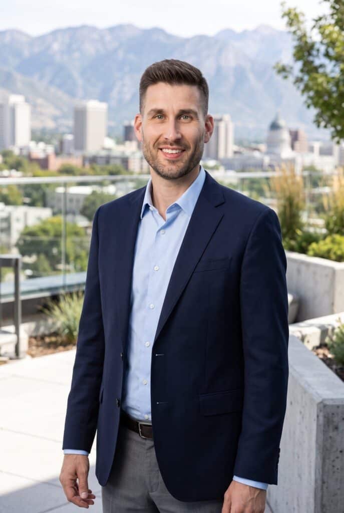 AI headshot of a man in a navy blazer against the Salt Lake City skyline and Wasatch Mountains