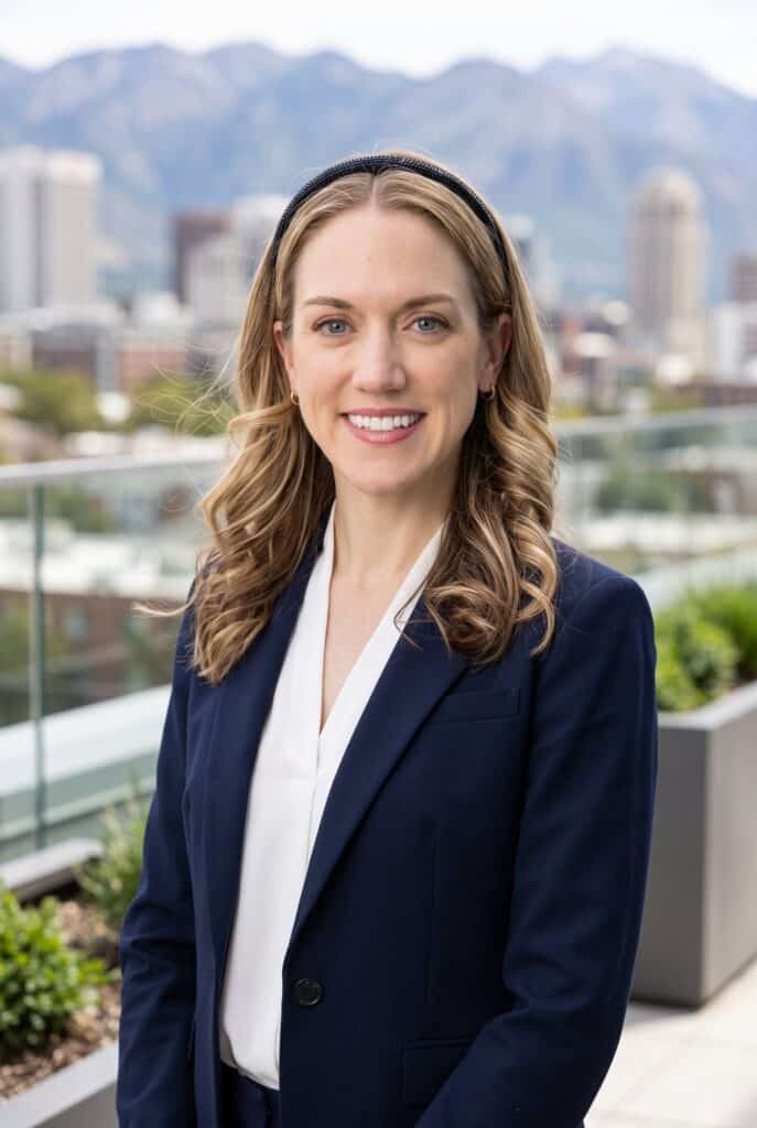 AI headshot of a woman in a navy blazer with the Salt Lake City skyline and mountains