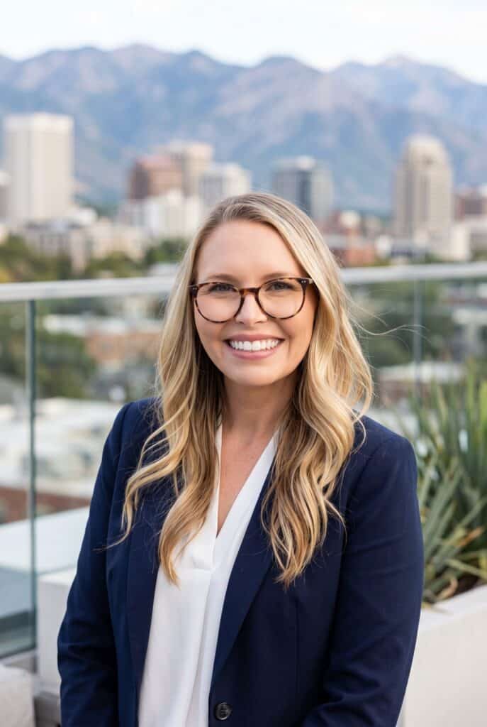 AI headshot of a woman with glasses against the Salt Lake City skyline