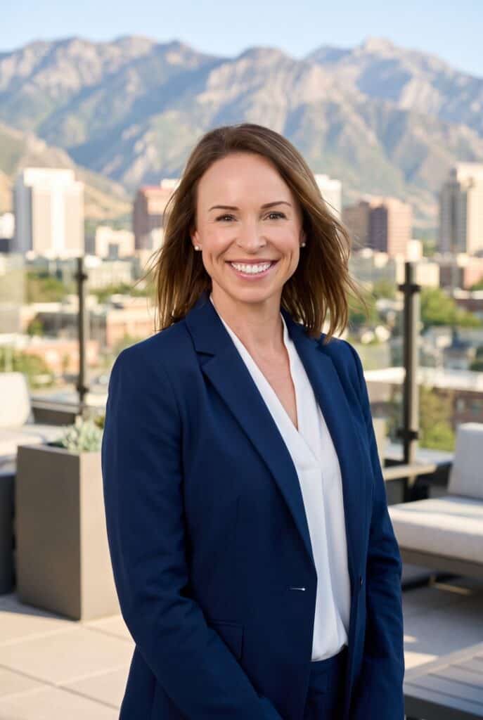 AI headshot of a woman in a navy blazer on a terrace overlooking Salt Lake City