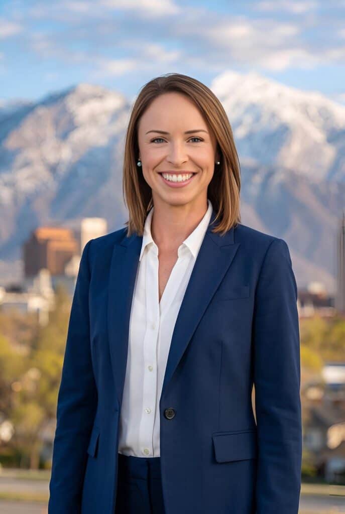 AI headshot of a woman in a navy blazer in front of the snow-capped Wasatch Mountains