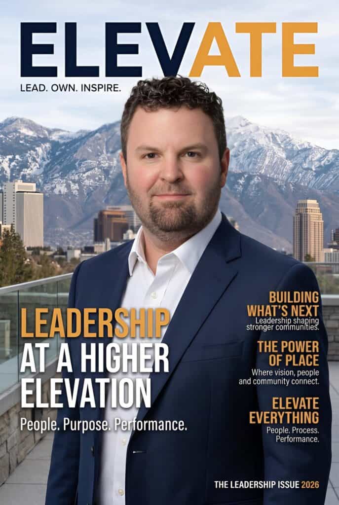 AI Elevate magazine cover featuring an attendee in front of the Salt Lake City skyline