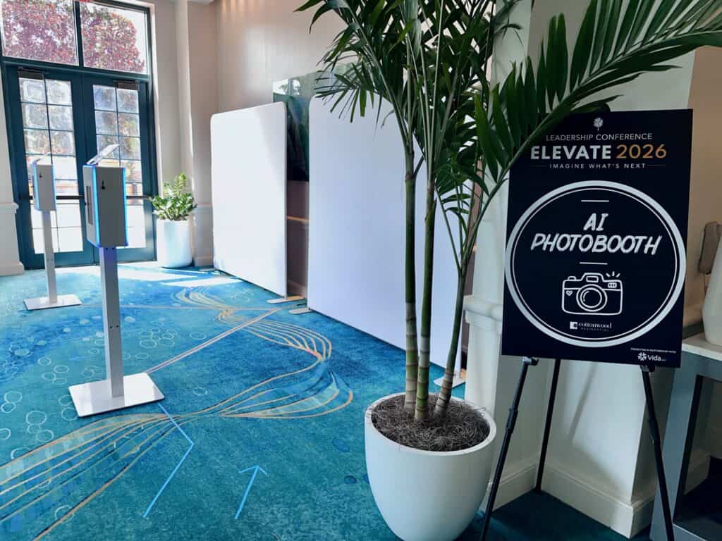AI Photobooth sign beside the booths in the Swan Hotel event space