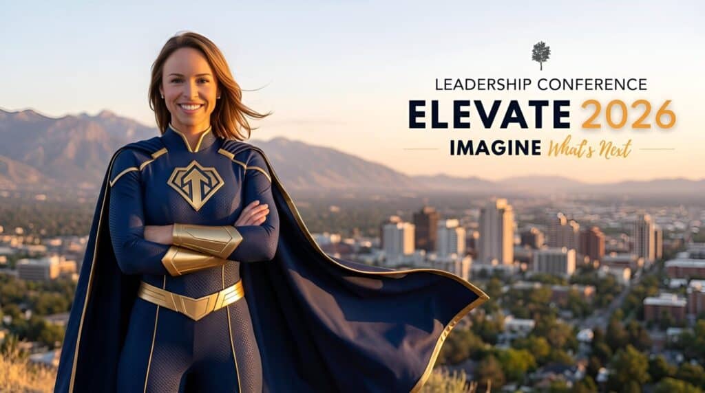AI superhero portrait of a woman in a navy and gold suit with Elevate 2026 branding