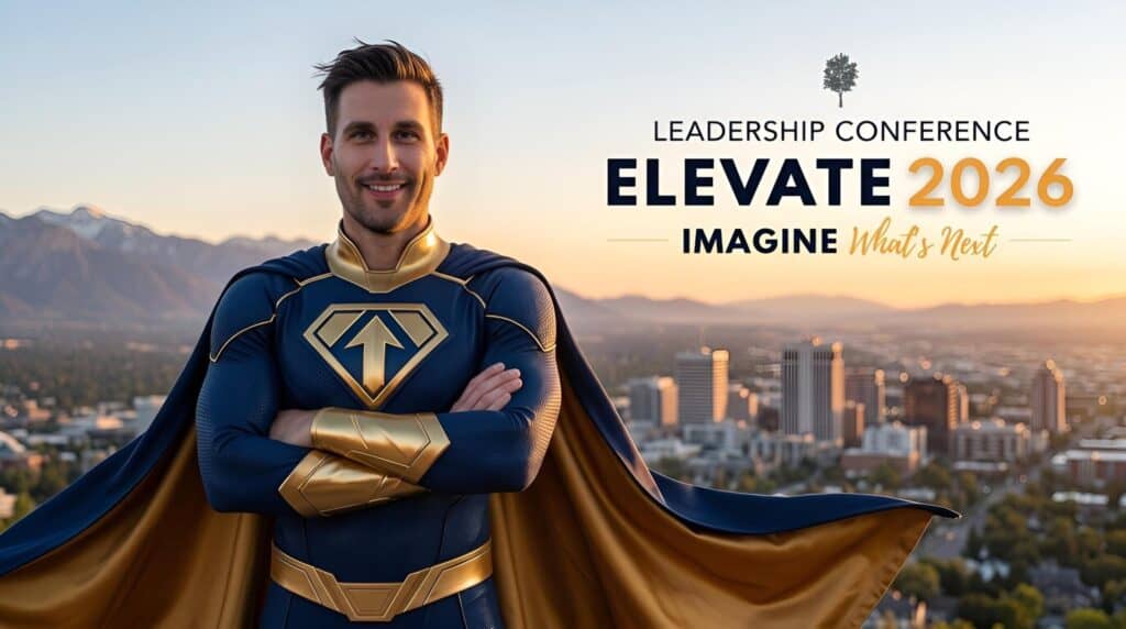 AI superhero portrait in the company colors of navy, white and gold above Salt Lake City at sunset