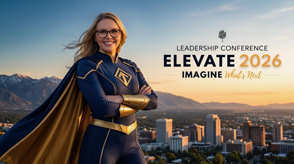 AI superhero portrait of a woman with glasses above Salt Lake City at sunset