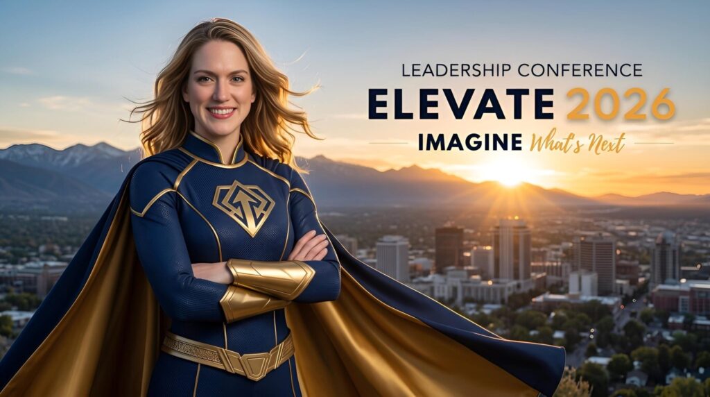 AI superhero portrait in a gold cape with the Wasatch Mountains at sunset